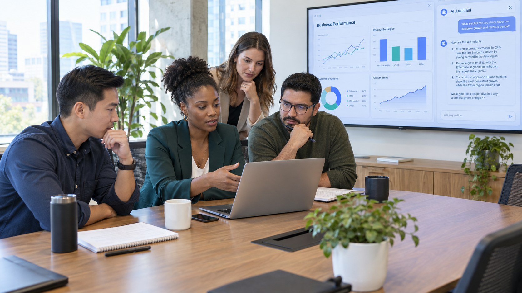 Diverse business team reviewing an AI assistant dashboard with charts on a wall screen during a meeting