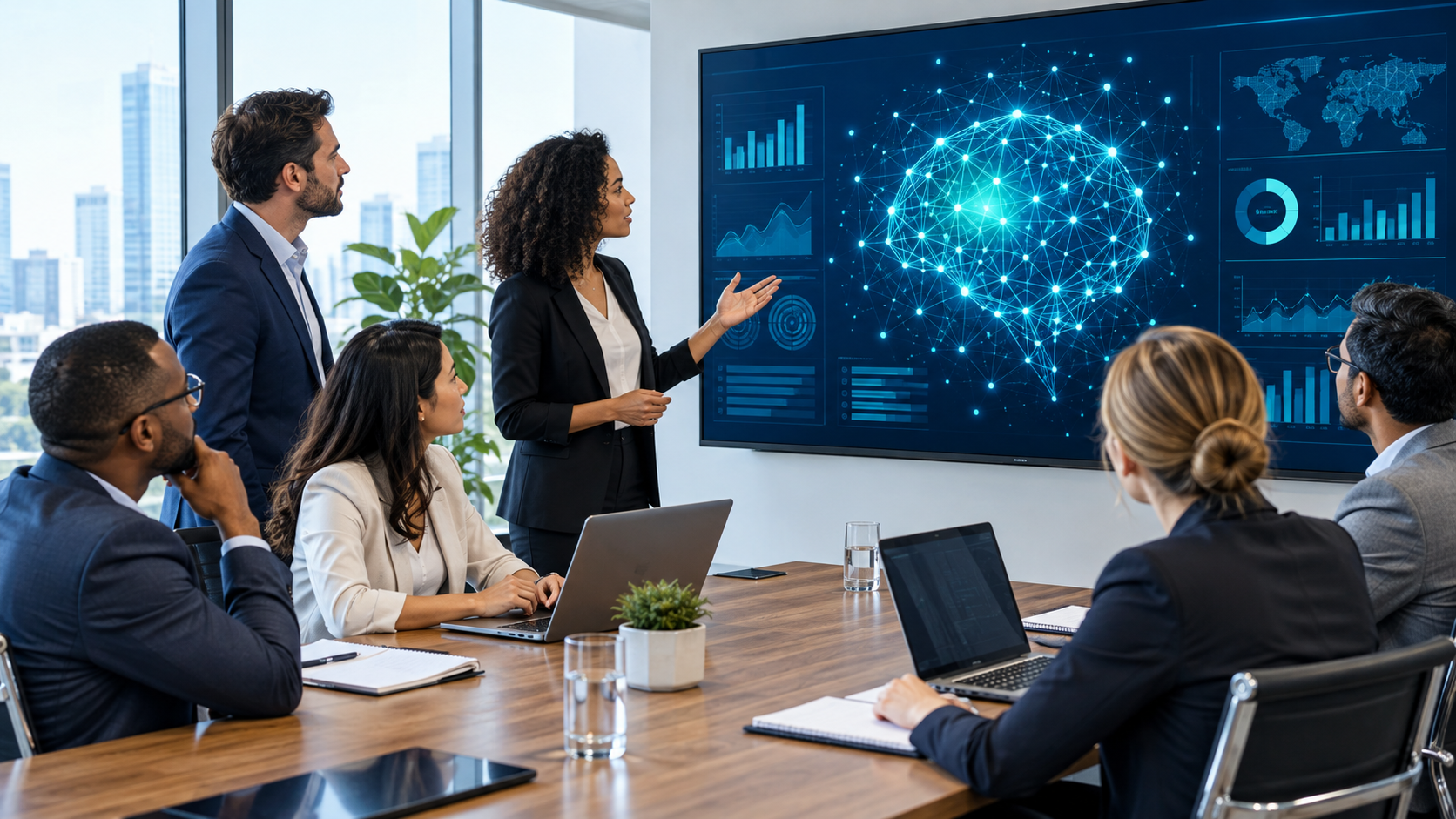 Diverse business team in a modern conference room reviewing AI analytics on a large screen