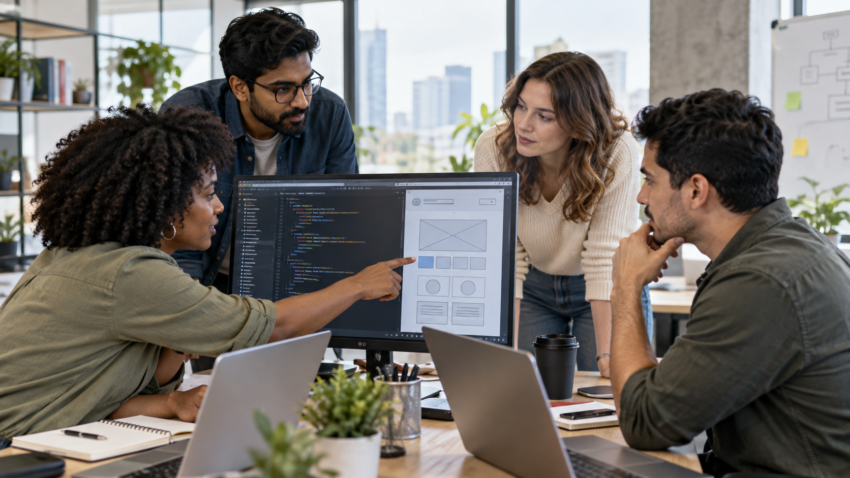 Diverse software development team reviewing code and a wireframe on a large monitor in a bright modern office