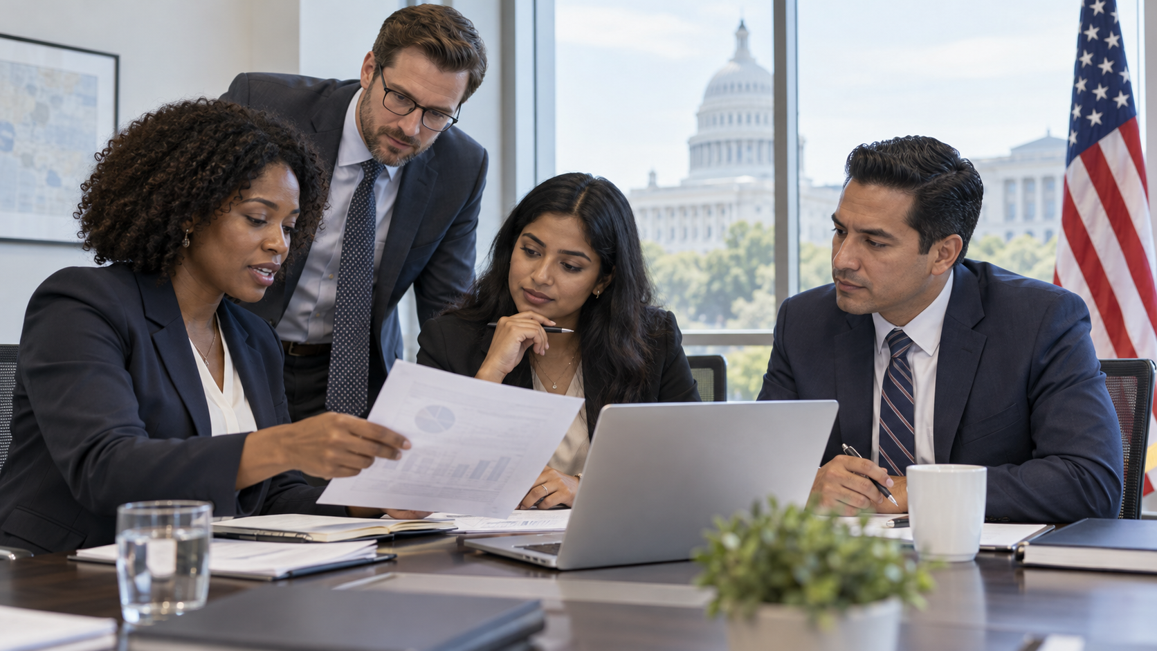 Diverse small business team reviewing a federal contract proposal with the US Capitol building in the background