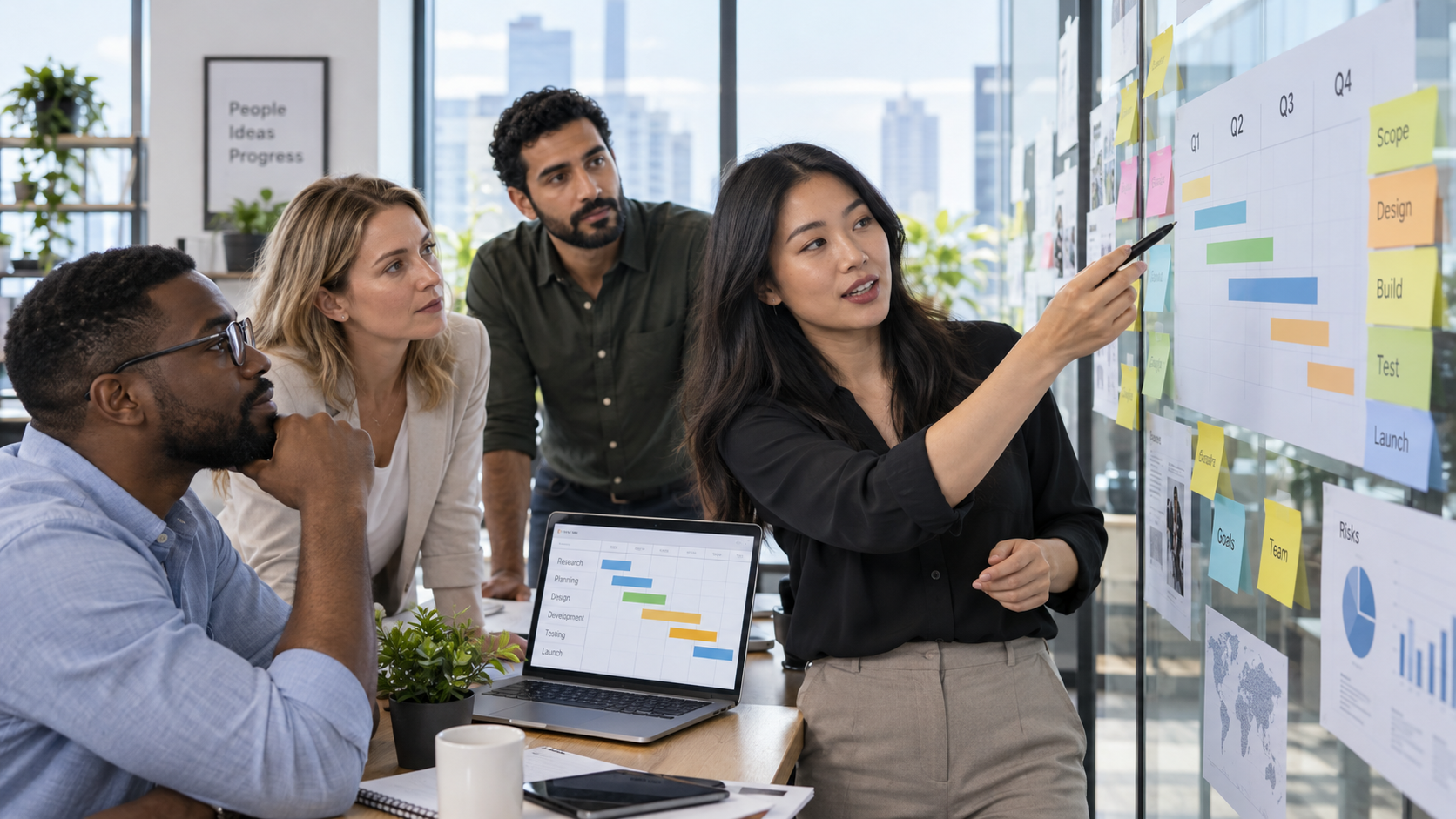 Diverse project team reviewing a timeline with sticky notes and a Gantt chart in a bright modern office