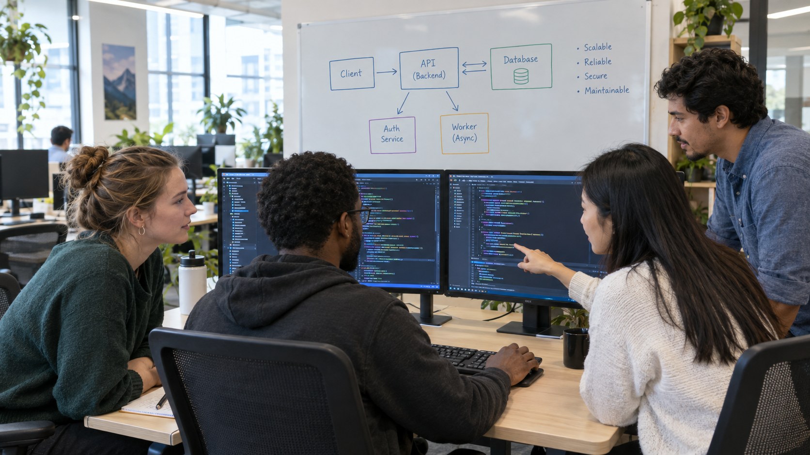 Diverse software development team pair programming at dual monitors with a system architecture diagram on a whiteboard