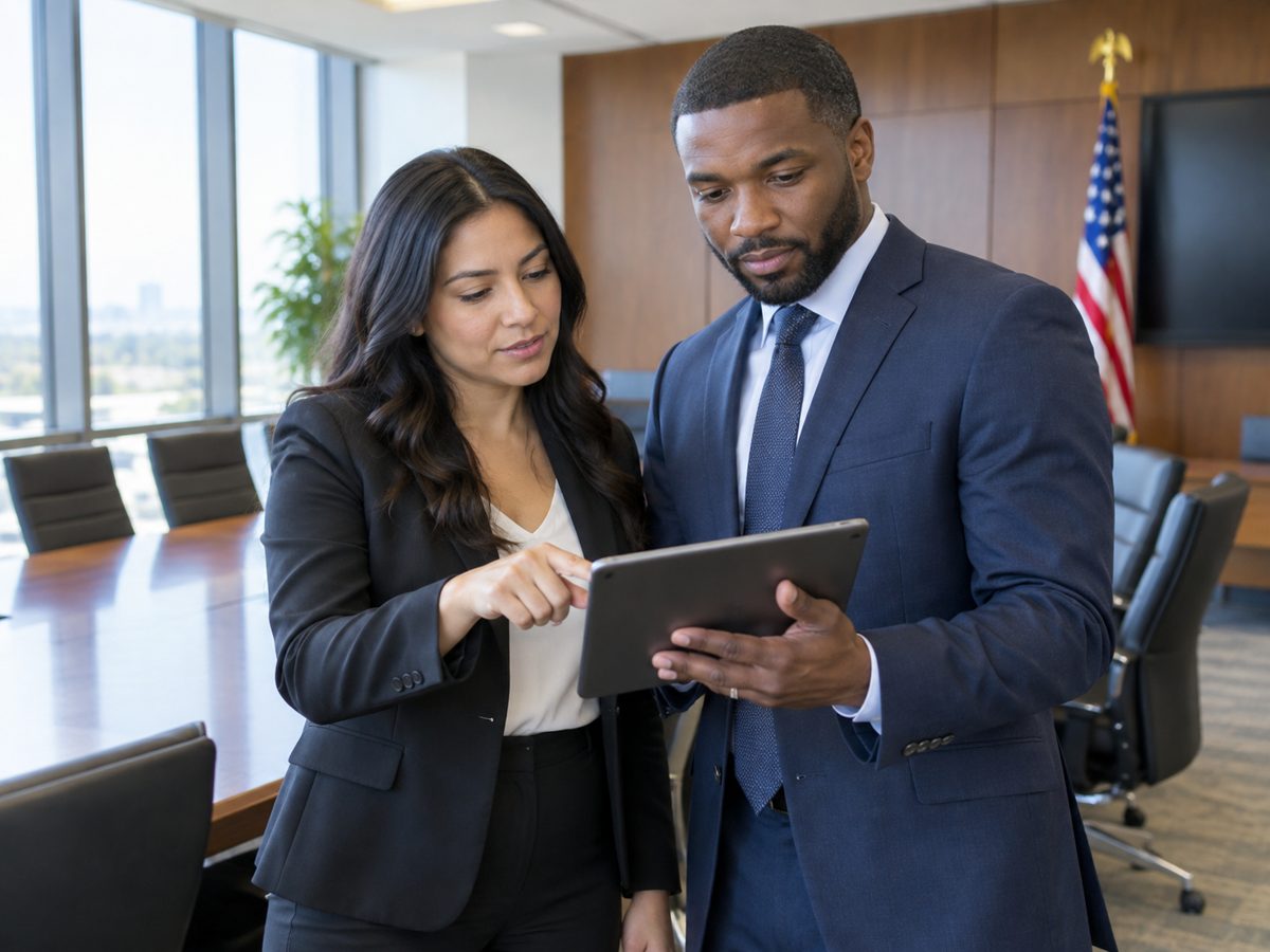 Two consultants reviewing a project plan in a conference room
