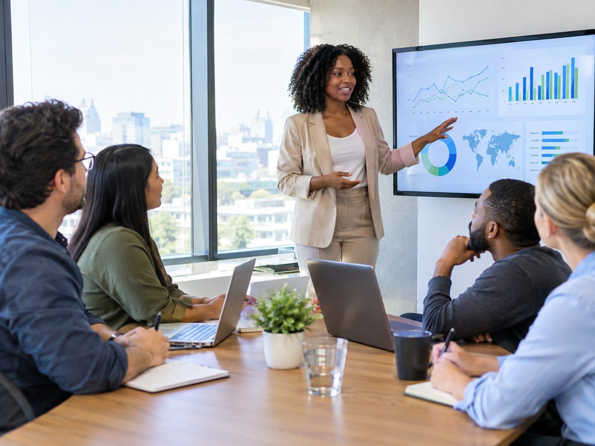 Consultant presenting data dashboards to a diverse team